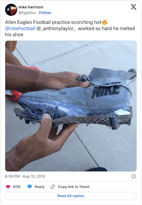 Bottom of football cleat melting off due to the Heat Island Effect from artificial turf field 