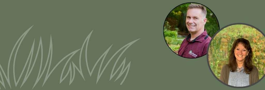 green background with photo of Jim Agabedis and Pam Newcombe